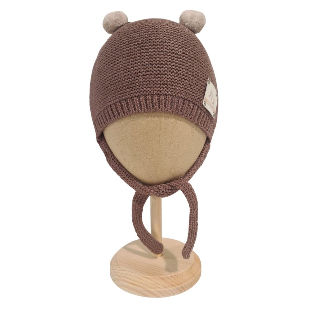 Birch Thin Knit Pompom Beanie With Ties, Brown